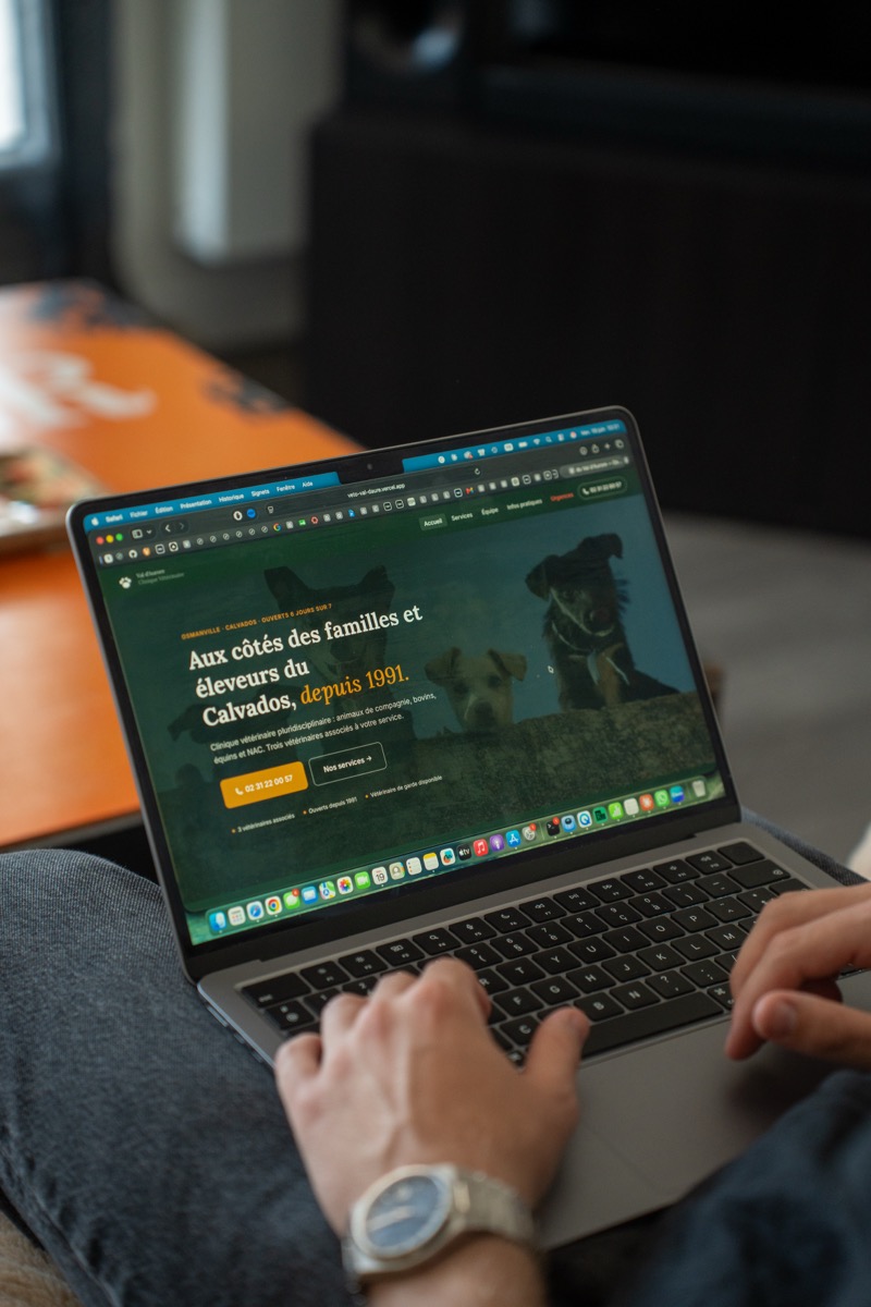 Thomas Dubois travaillant sur le site d'une clinique vétérinaire cliente, WebStudio Caen